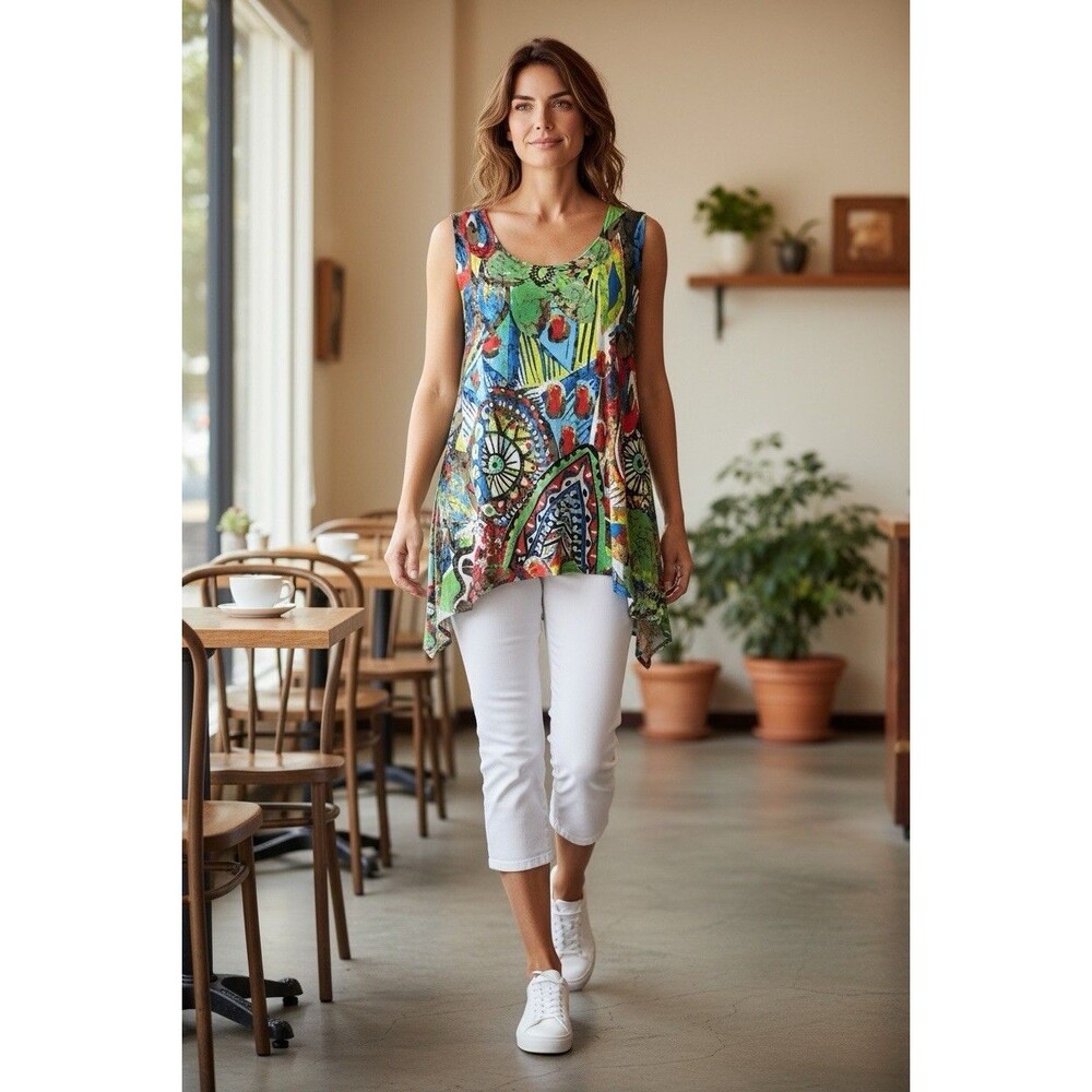 Curvesque Abstract Art Sleeveless Blouse Tank Top Asymmetric Hem Whimsical XL